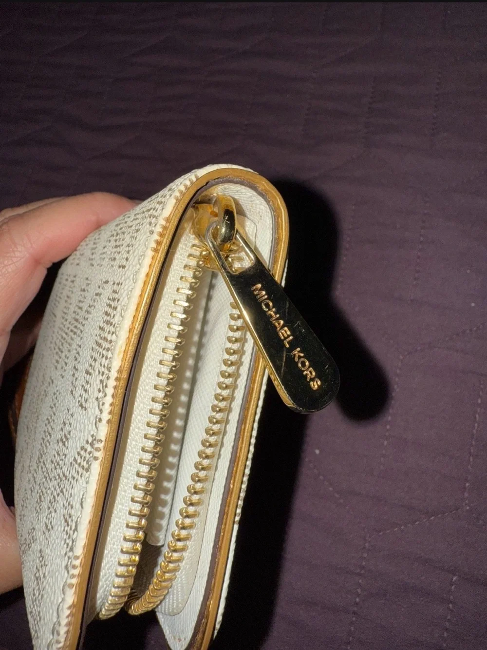 Michael Kors Cream Logo Zip Wristlet with Tan Strap and Gold Hardware